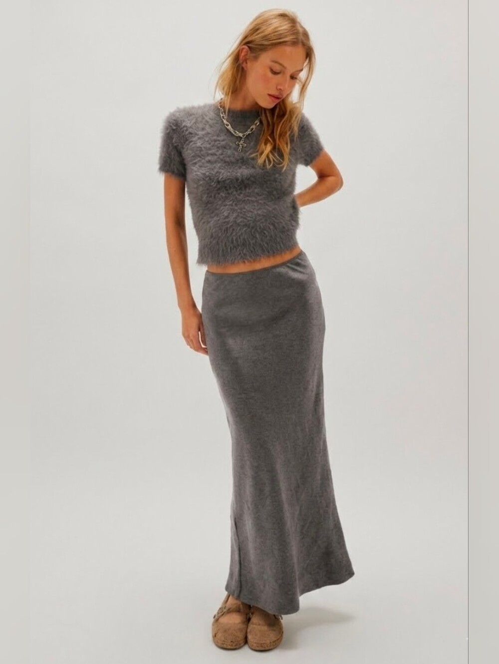NWT Matching Free People Alexandra Crushed Satin Maxi Skirt Fuzzy Crop Sweater